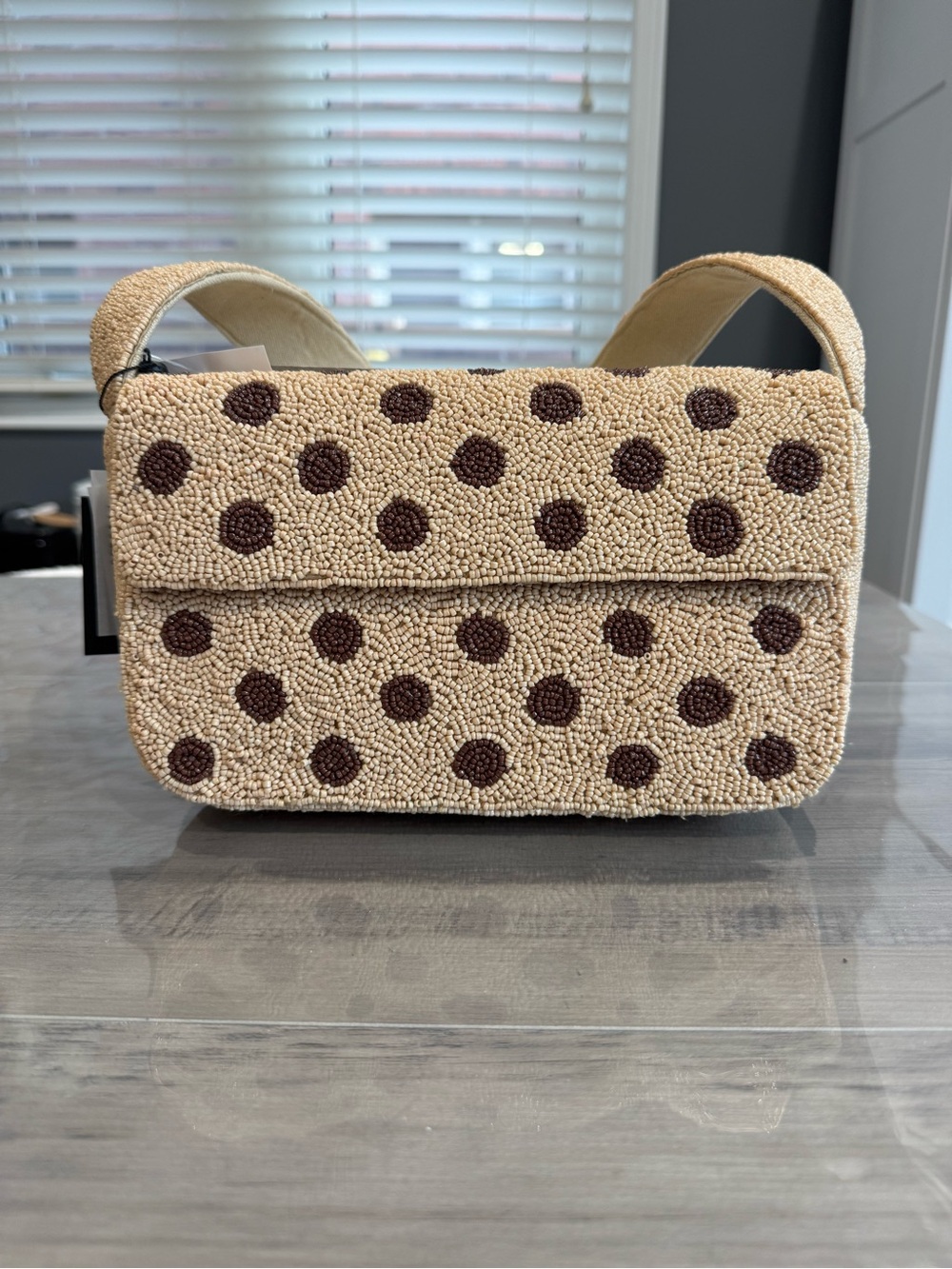Beaded Polka Dot Shoulder Bag in Cream and Brown